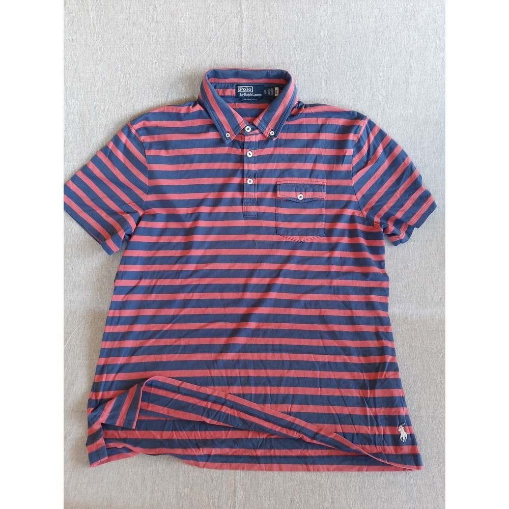 Polo by Ralph Lauren Men's XL Red/Navy Blue‎ Pocket Stripes Custom Slim Fit Polo